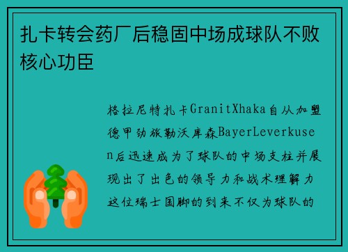 扎卡转会药厂后稳固中场成球队不败核心功臣 扎卡转会药厂后稳固中场成球队不败核心功臣